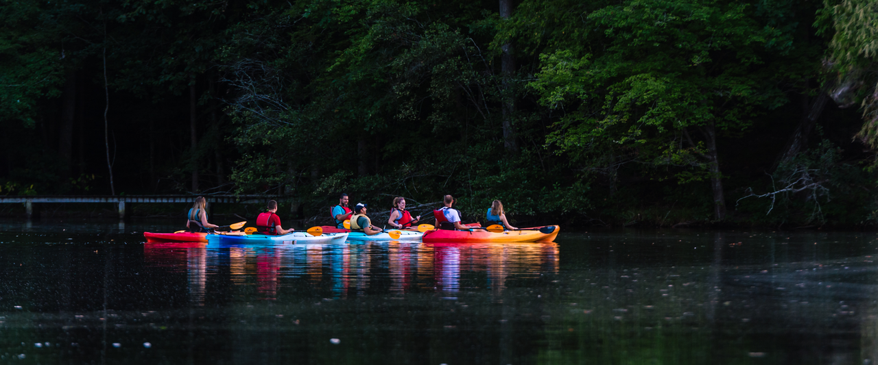 a group of people kayaking in a lake